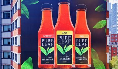 Pure Leaf brewed iced tea advertisement on building exterior wall