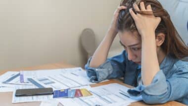 young asian woman cover her head after stressed with monthly bill expenses and credit card debt.