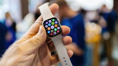 New Apple Watch Series 8 with white band inside Apple Store