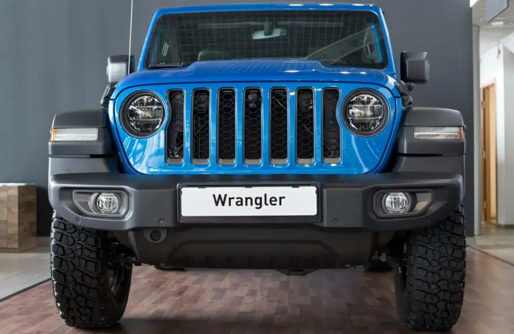 Jeep showroom. 2023 blue Wrangler Unlimited in dealer showroom.