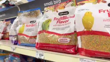 A view of several packages of ZuPreem pet bird food, on display at a local retail store.