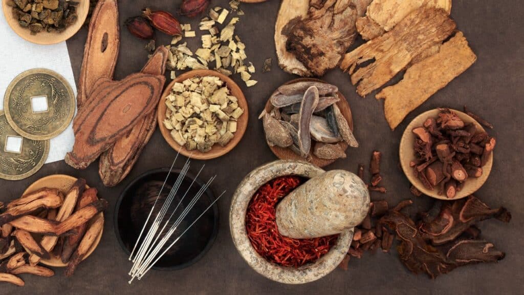 Chinese alternative medicine with herb selection and acupuncture needles