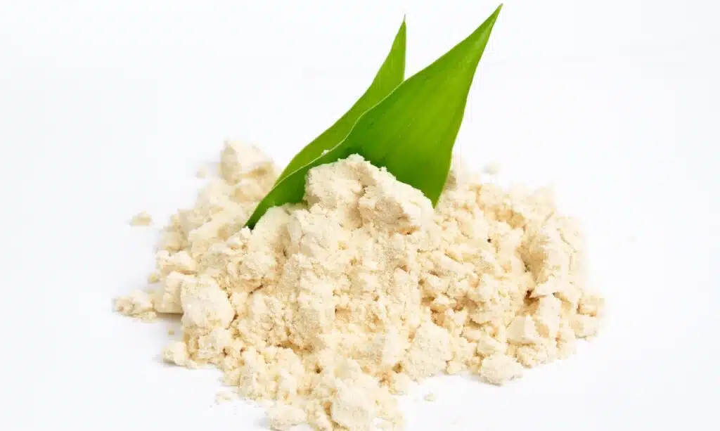 Food additive Plant protein powder isolated on white background