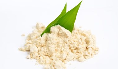 Food additive Plant protein powder isolated on white background