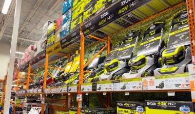 A view of several Ryobi lawn mowers, on display at a local retail store
