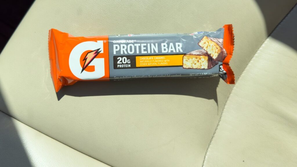 Gatorade protein bar with chocolate caramel flavor.