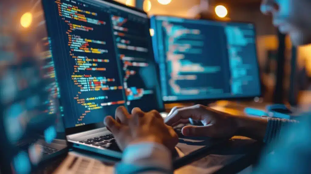 Coding, Programming, hacking. Code on computer screens.