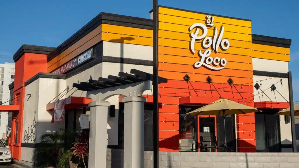 Exterior view of an El Pollo Loco restaurant in Los Angeles.