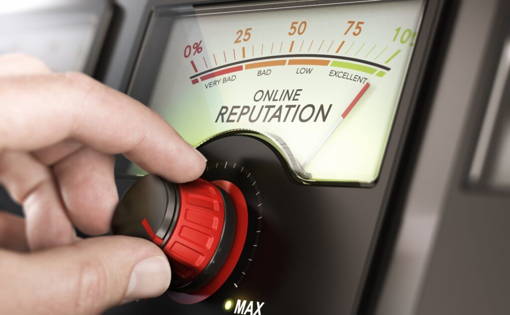 Man turning a knob to improve company online reputation management.