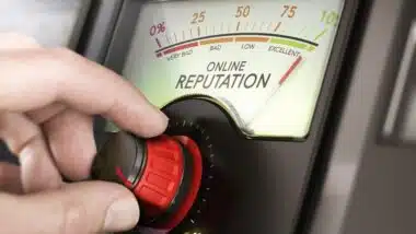 Man turning a knob to improve company online reputation management.