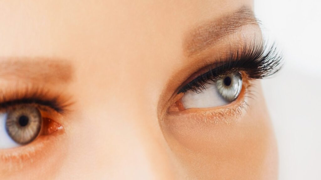 Female eyes with extreme long false eyelashes. Eyelash extensions, make-up, cosmetics, beauty.
