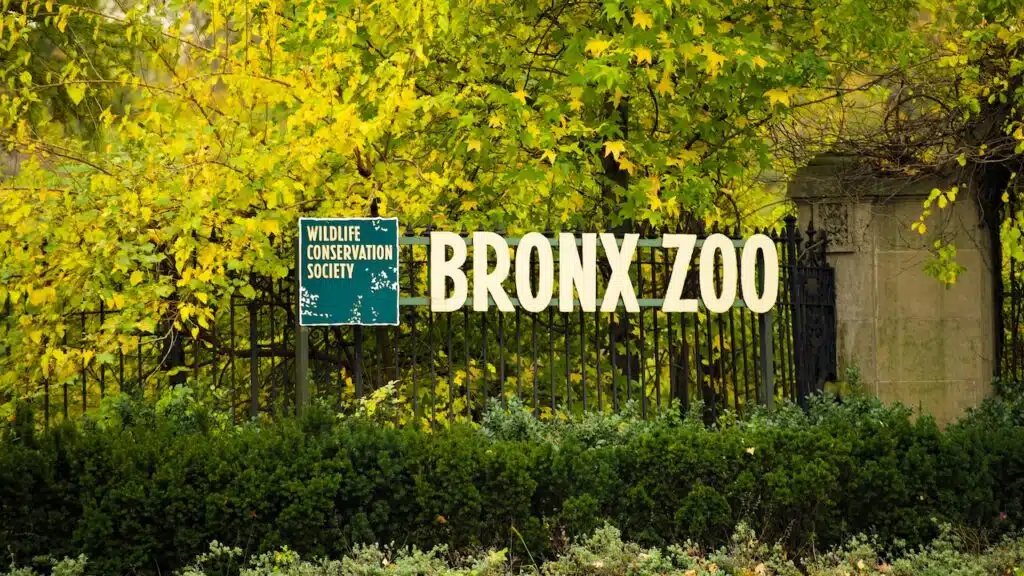 Bronx Zoo sign with beautiful trees in the background.