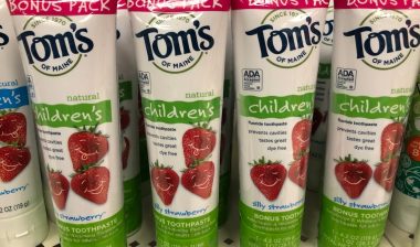 Tom's of Maine Children's toothpaste on sale at a grocery store retailer shelf. Silly strawberry flavor