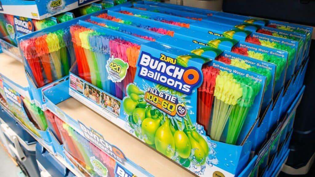 A view of several packages of Zuru Bunch-o-Balloons, on display at a local big box grocery store.