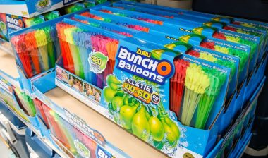 A view of several packages of Zuru Bunch-o-Balloons, on display at a local big box grocery store.
