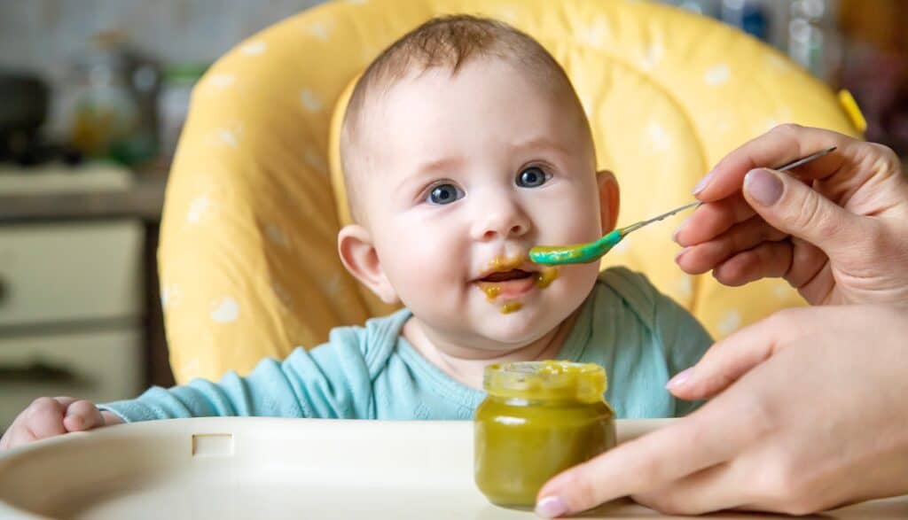 Little baby is eating vegetable puree.