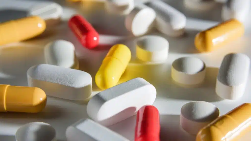 photo of pills and capsules with medicine close-up.
