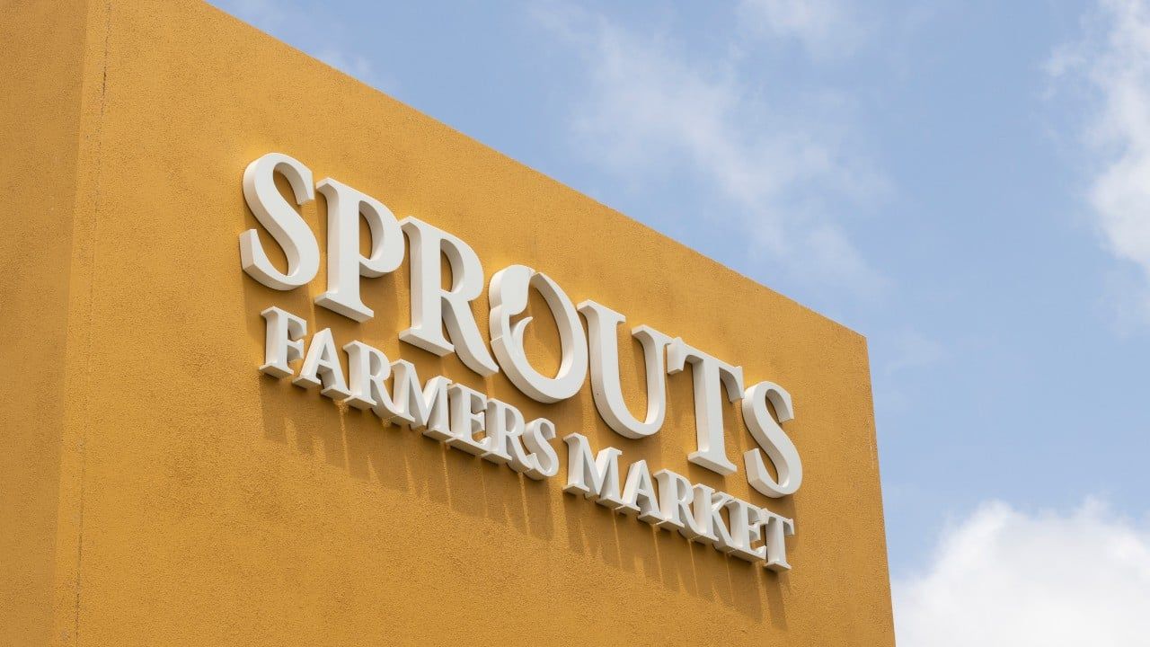 Closeup of the Sprouts Farmers Market sign at its store in Tustin, California.