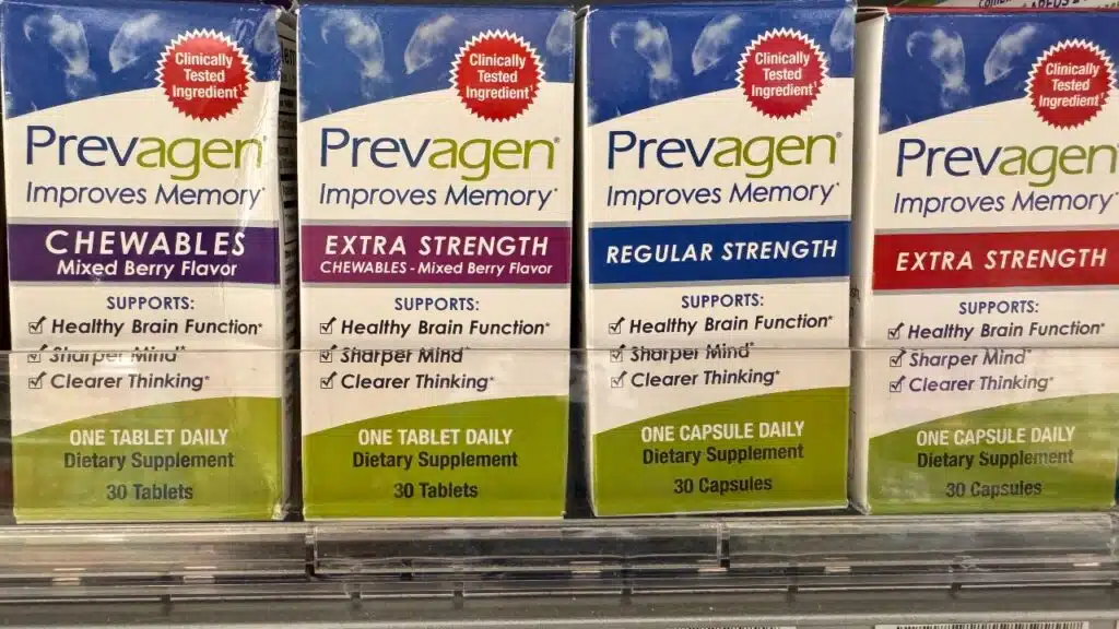 Display of Prevagen memory loss aid tablets to improve brain function for sale at a store, representing Prevagen False Claims class action lawsuit