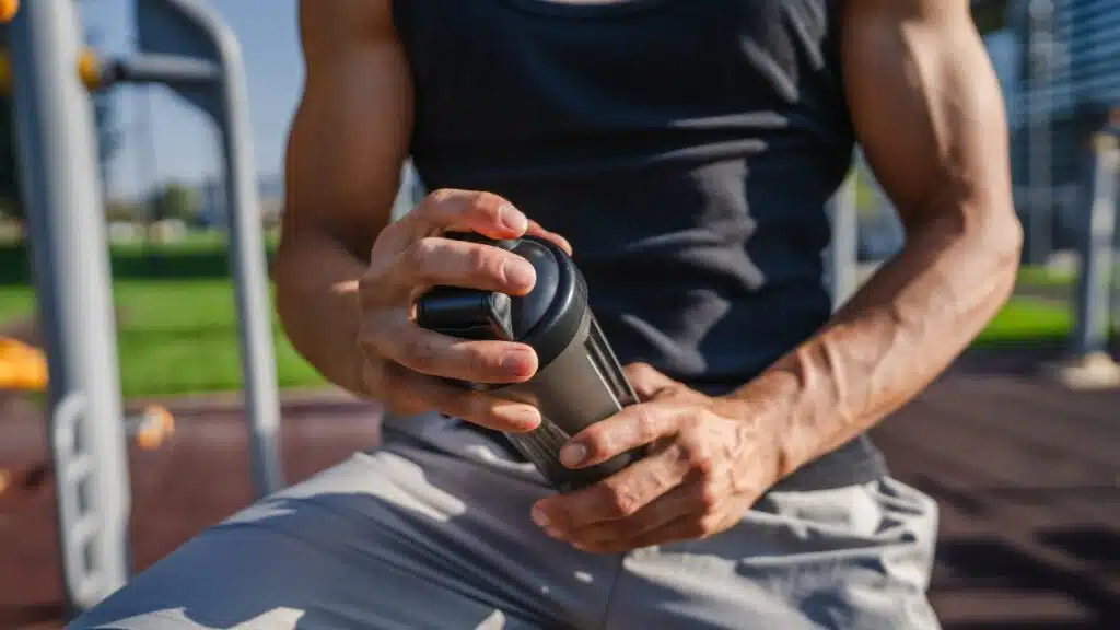 caucasian man young male athlete take a brake during outdoor training in the park outdoor gym hold supplement shaker in hand