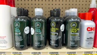 A view of several bottles of TeaTree shampoo, on display at a local retail store.