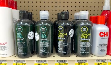 A view of several bottles of TeaTree shampoo, on display at a local retail store.