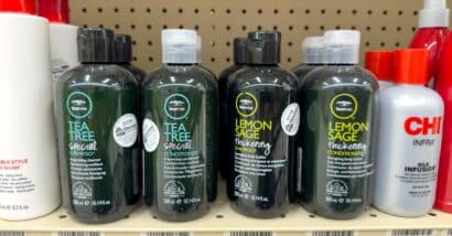 A view of several bottles of TeaTree shampoo, on display at a local retail store.