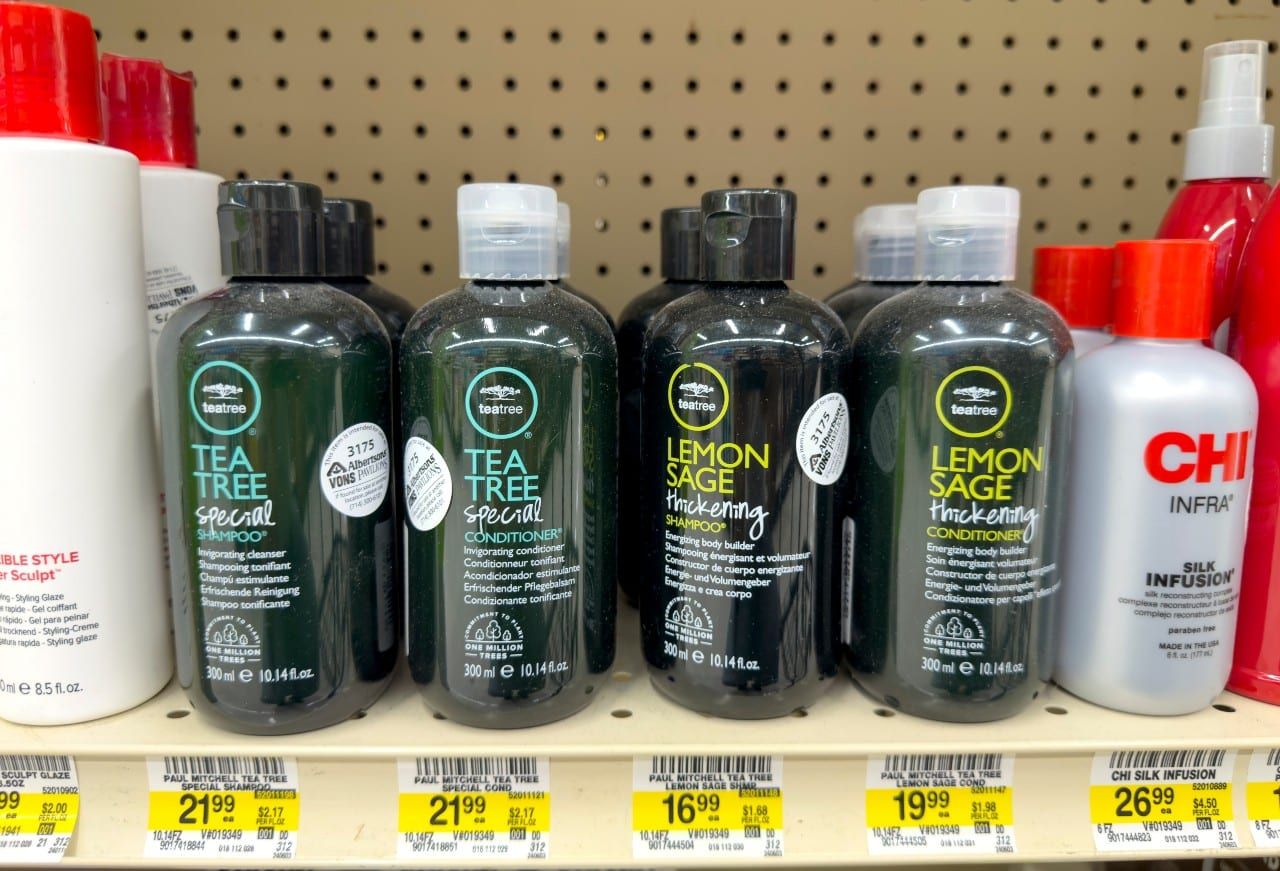 A view of several bottles of TeaTree shampoo, on display at a local retail store.