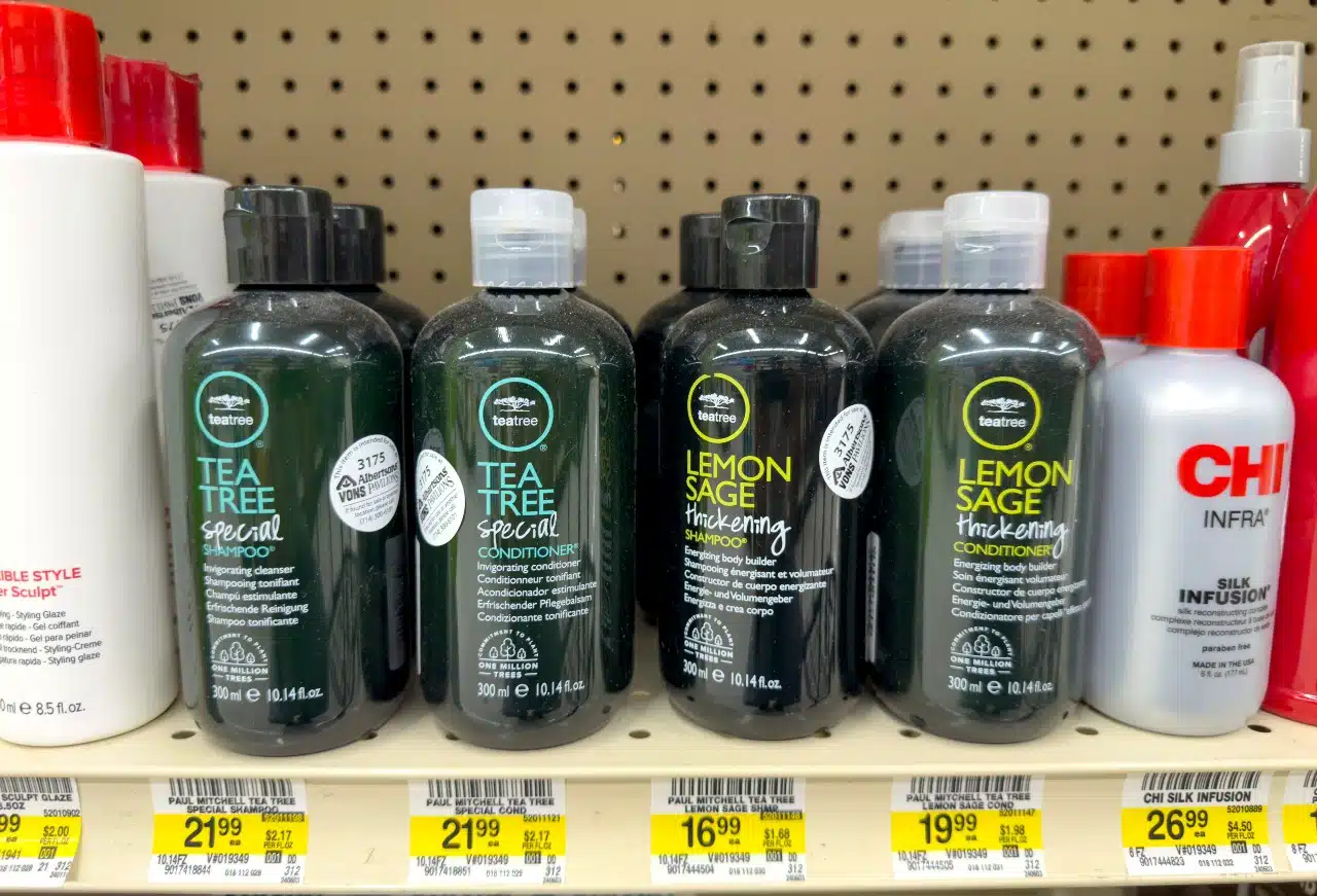 A view of several bottles of TeaTree shampoo, on display at a local retail store.