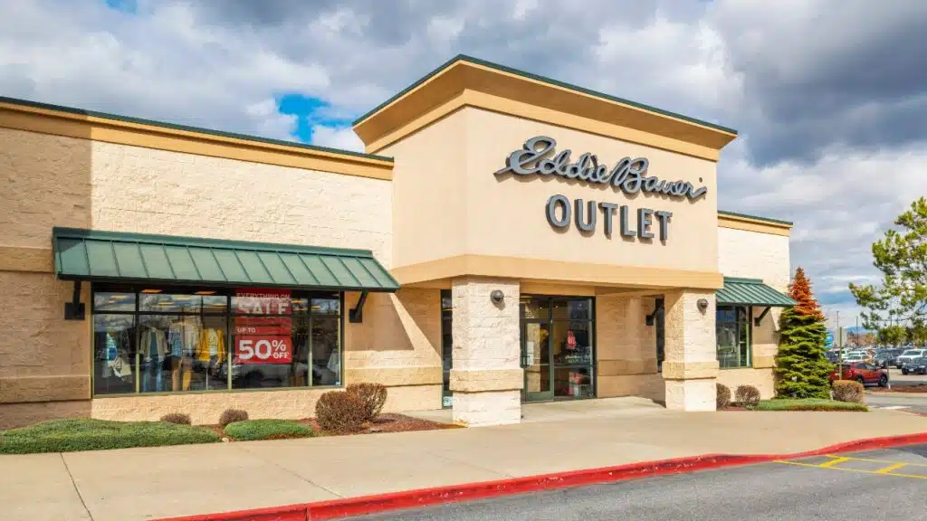 General view of the facade, logo and entrance at an Eddie Bauer Outlet store.