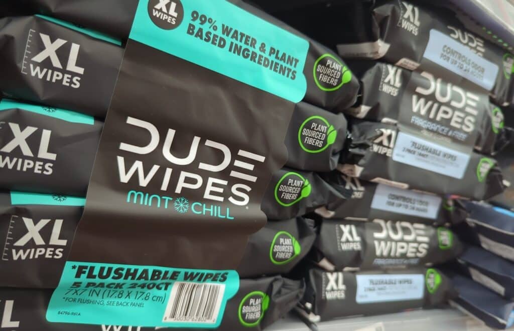 Dude Wipes Brand Wet Wipes on Store Shelf at Walmart