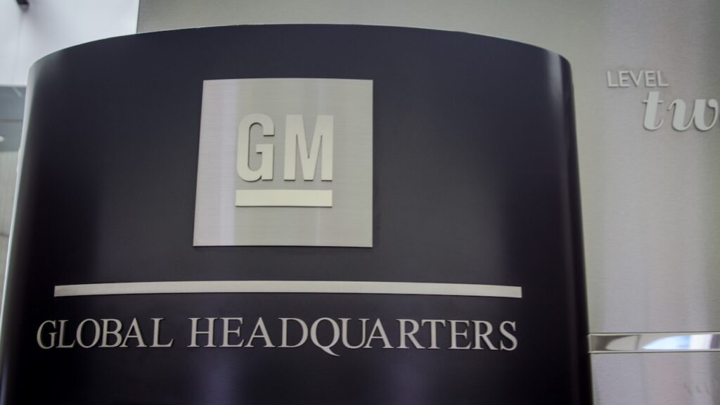 General Motors Global Headquarters sign at the Renaissance Center in downtown Detroit.