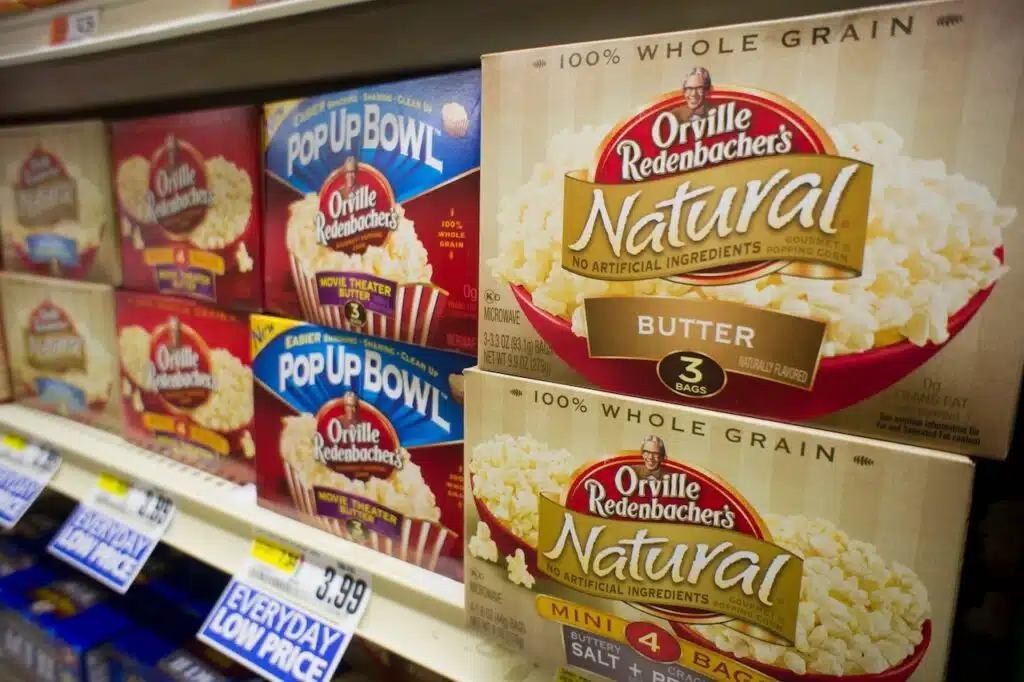 Packages of ConAgra Foods product, Orville Redenbacher's popcorn, are seen on a supermarket shelf