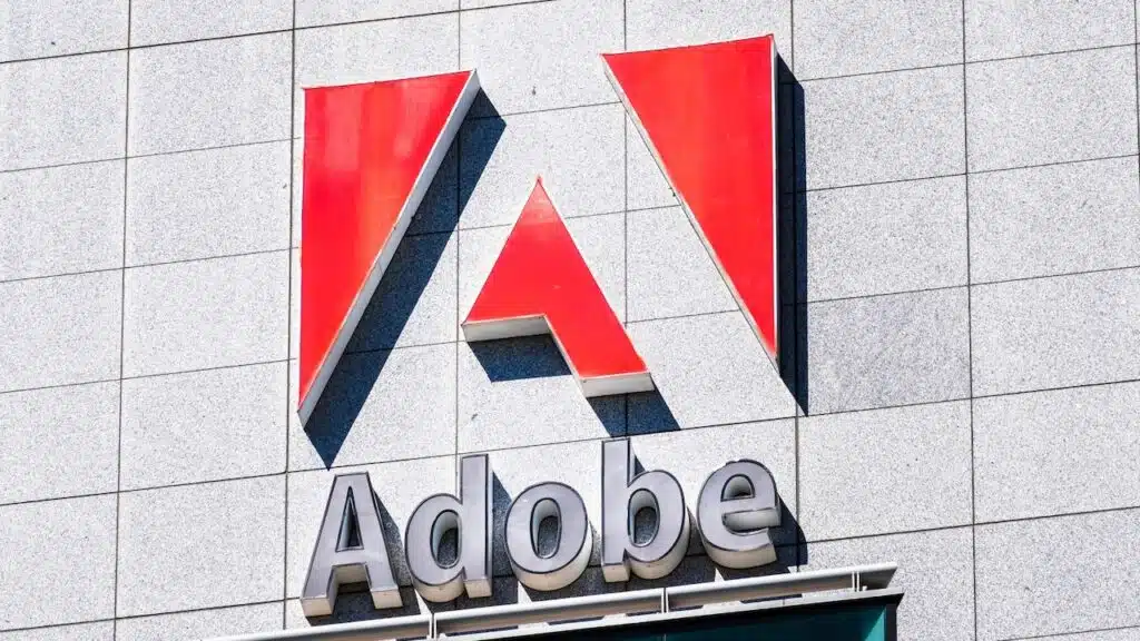 Close up of Adobe sign at their corporate headquarters in downtown San Jose, south San Francisco bay area, Silicon Valley