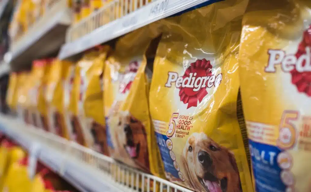 Pedigree Dog food found at the pet supplies aisle of a supermarket.