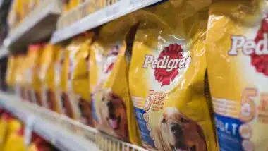 Pedigree Dog food found at the pet supplies aisle of a supermarket.