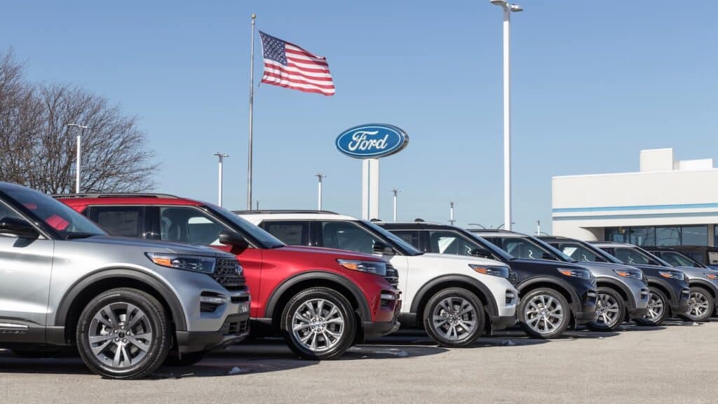 Ford Explorer display at a dealership. Ford offers the Explorer in a base model, XLT, Limited, ST, King Ranch and Platinum version.
