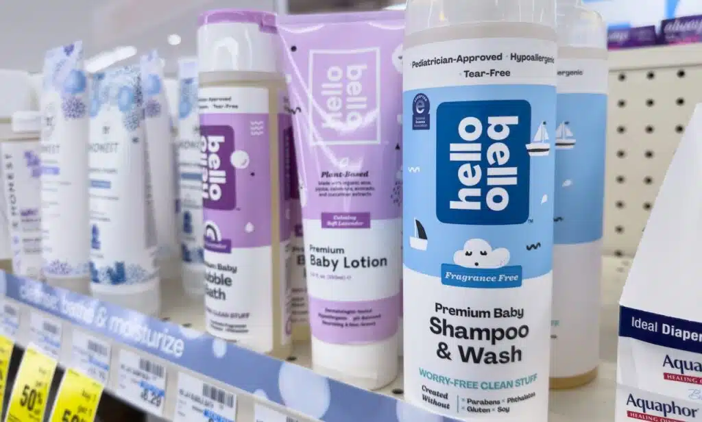 A view of several bottles of Hello Bello baby body care products, on display at a local retail store.