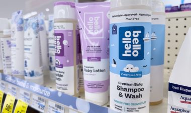 A view of several bottles of Hello Bello baby body care products, on display at a local retail store.