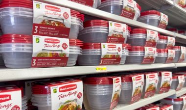 A view of several shelves dedicated to Rubbermaid Take Alongs containers, on display at the grocery store.