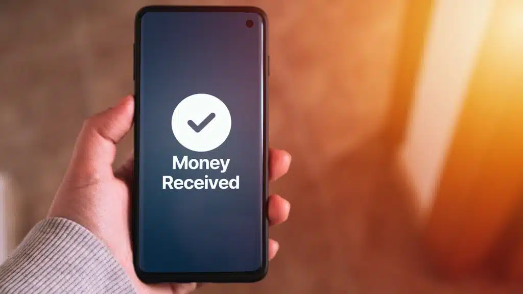 Concept of financial transactions with mobile devices. Smartphone screen displaying money transfer confirmation