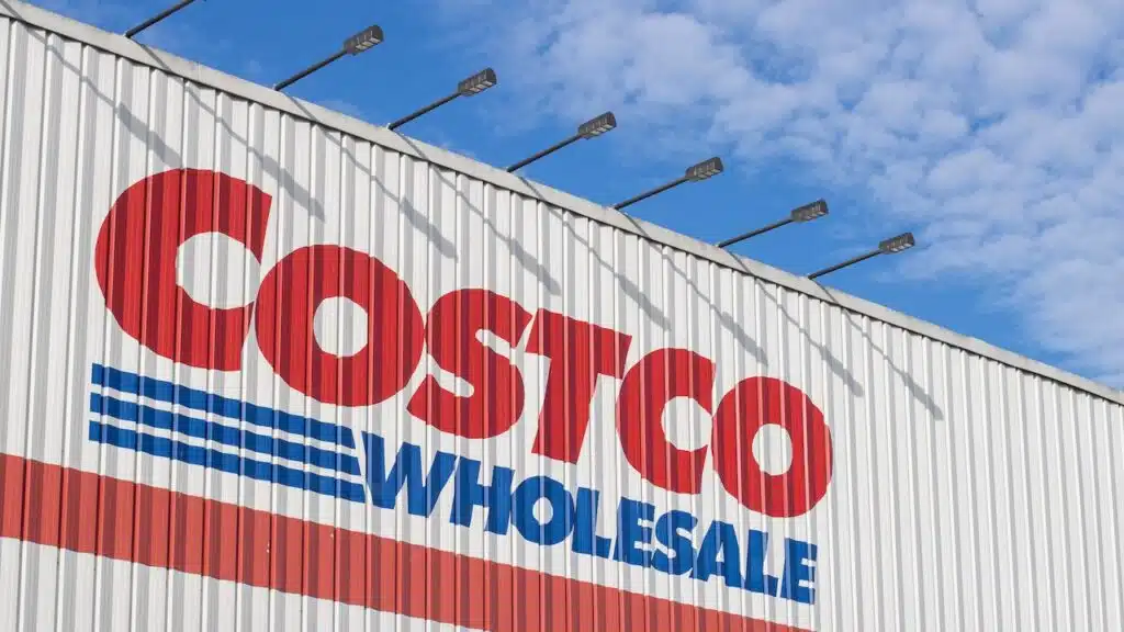 Closeup of the Costco logo seen at its store