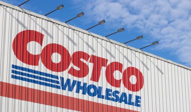 Closeup of the Costco logo seen at its store