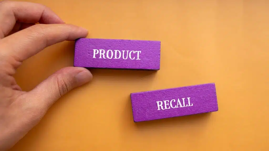Product recall lettering on wooden blocks with orange background.
