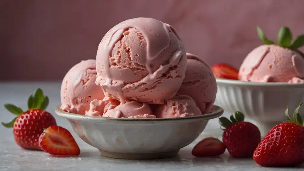 Beautiful Strawberry ice cream scoop in the bowl.