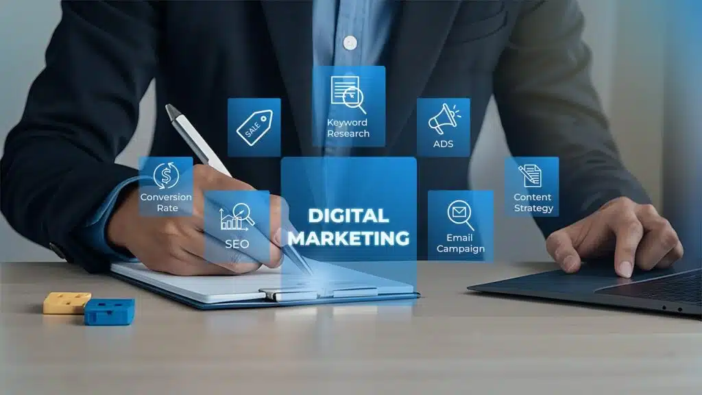 SEO optimization, businessman analyzing and monitoring technological trends, audience engagement, content strategy, social media, analytics, branding.