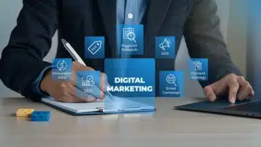 SEO optimization, businessman analyzing and monitoring technological trends, audience engagement, content strategy, social media, analytics, branding.