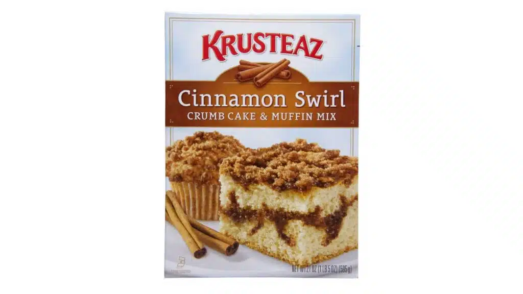 21 ounce box of Krusteaz brand Cinnamon Swirl Crumb Cake and Muffin Mix.