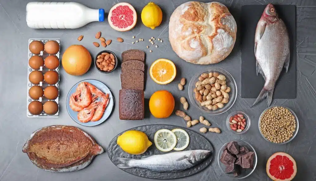 Flat lay composition with different products on dark grey background. Food allergy concept