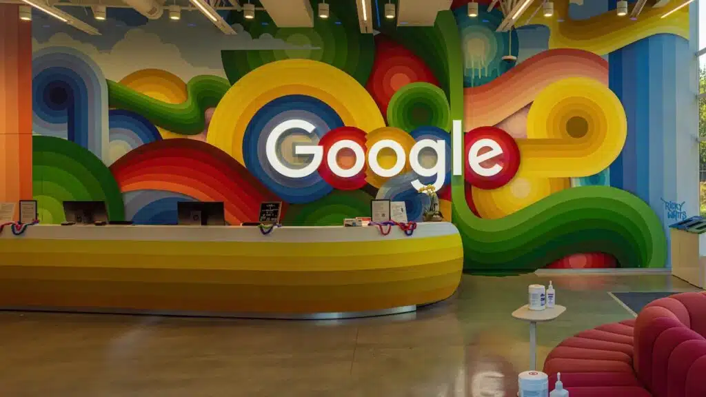 Google logo inside the reception of Google Headquarters in Mountain View, CA
